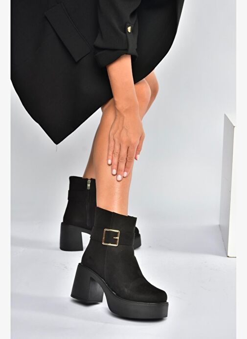 V726446602 Siyah Süet Kalın Topuklu Kadın Bot - Görsel 2
