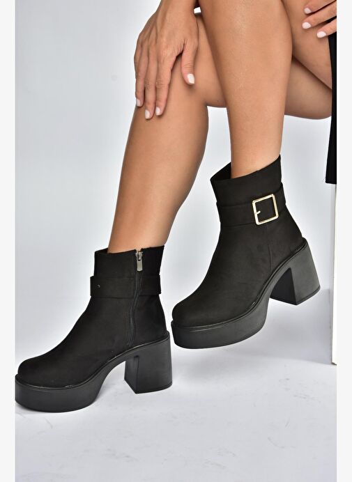 V726446602 Siyah Süet Kalın Topuklu Kadın Bot - Görsel 4