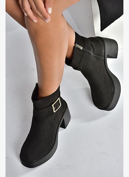 V726446602 Siyah Süet Kalın Topuklu Kadın Bot - Görsel 3
