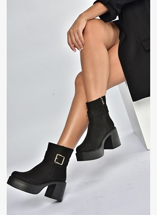 V726446602 Siyah Süet Kalın Topuklu Kadın Bot - Görsel 5
