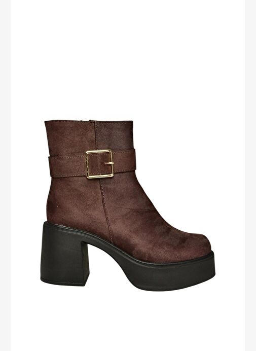 V726446602 Kahverengi Süet Kalın Topuklu Kadın Bot - Görsel 7