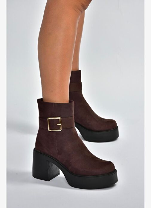 V726446602 Kahverengi Süet Kalın Topuklu Kadın Bot - Görsel 3