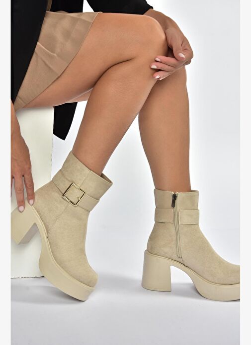 V726446602 Bej Süet Kalın Topuklu Kadın Bot - Görsel 4