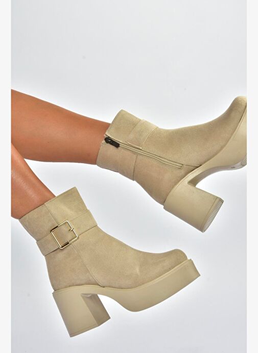 V726446602 Bej Süet Kalın Topuklu Kadın Bot - Görsel 5
