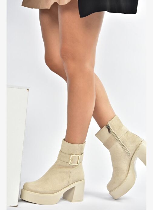 V726446602 Bej Süet Kalın Topuklu Kadın Bot - Görsel 2
