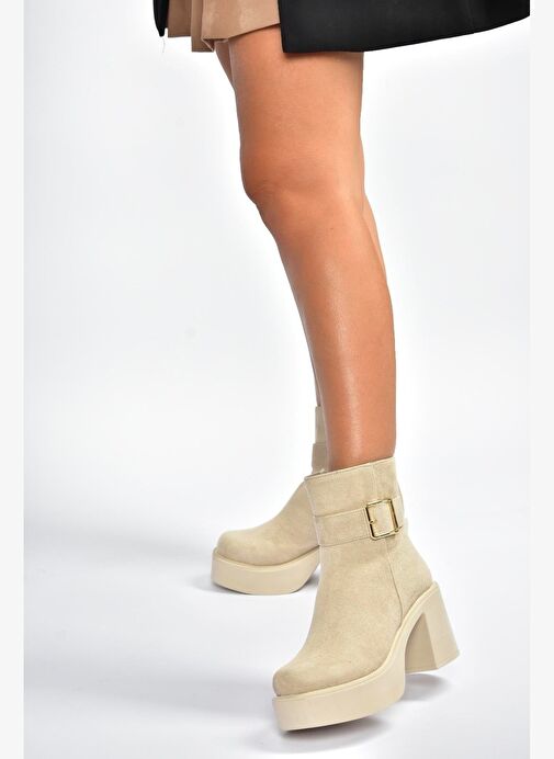 V726446602 Bej Süet Kalın Topuklu Kadın Bot - Görsel 3