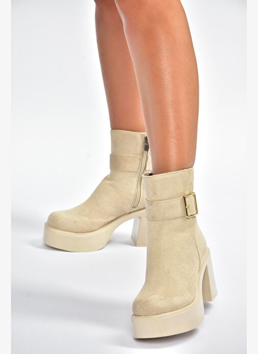 V726446602 Bej Süet Kalın Topuklu Kadın Bot - Görsel 6