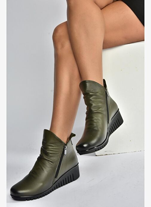 V324200303 Haki Hakiki Deri Dolgu Tabanlı Kadın Bot - Görsel 2