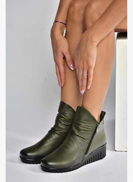 V324200303 Haki Hakiki Deri Dolgu Tabanlı Kadın Bot - Görsel 4