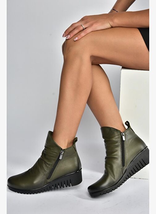 V324200303 Haki Hakiki Deri Dolgu Tabanlı Kadın Bot - Görsel 3