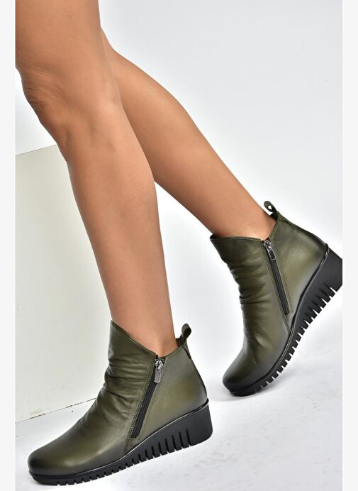 V324200303 Haki Hakiki Deri Dolgu Tabanlı Kadın Bot - Görsel 5