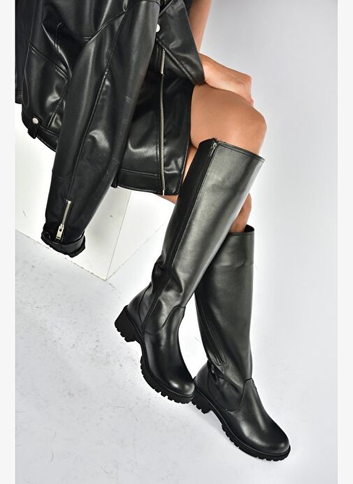V654082203 Siyah Hakiki Deri Kadın Çizme - Görsel 5