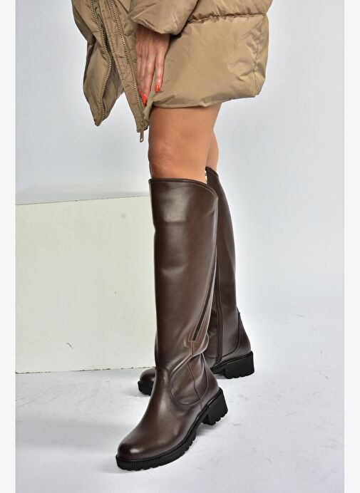 V654082203 Kahverengi Hakiki Deri Kadın Çizme - Görsel 5