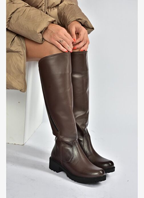 V654082203 Kahverengi Hakiki Deri Kadın Çizme - Görsel 7