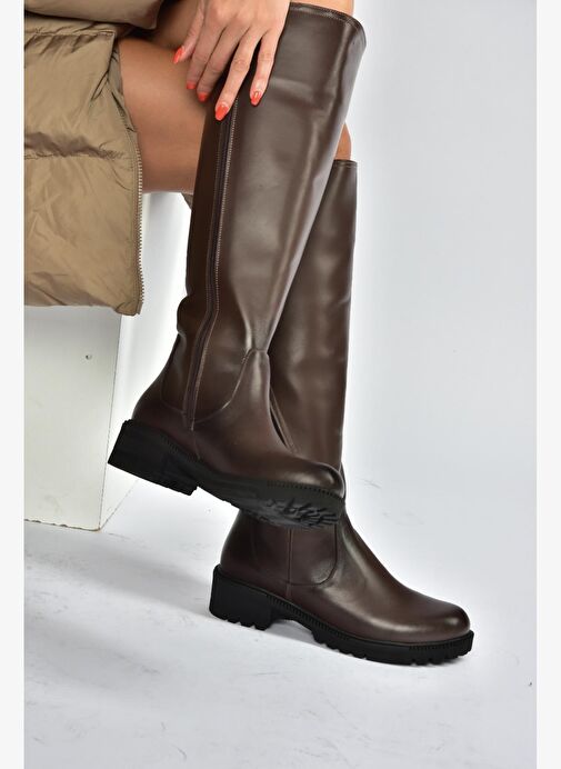 V654082203 Kahverengi Hakiki Deri Kadın Çizme - Görsel 6