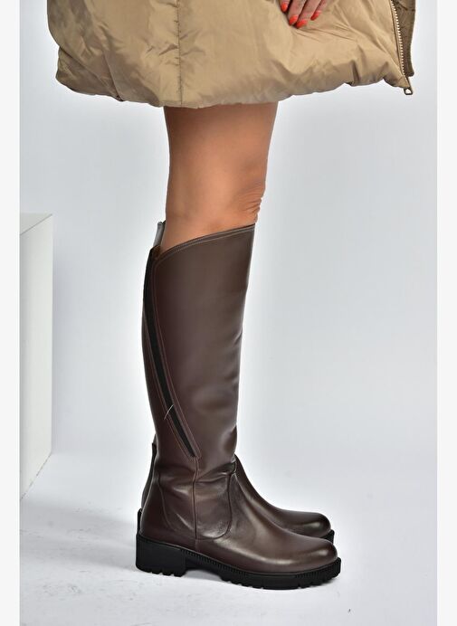 V654082203 Kahverengi Hakiki Deri Kadın Çizme - Görsel 2