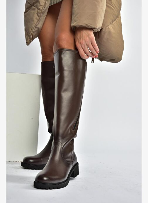 V654082203 Kahverengi Hakiki Deri Kadın Çizme - Görsel 4