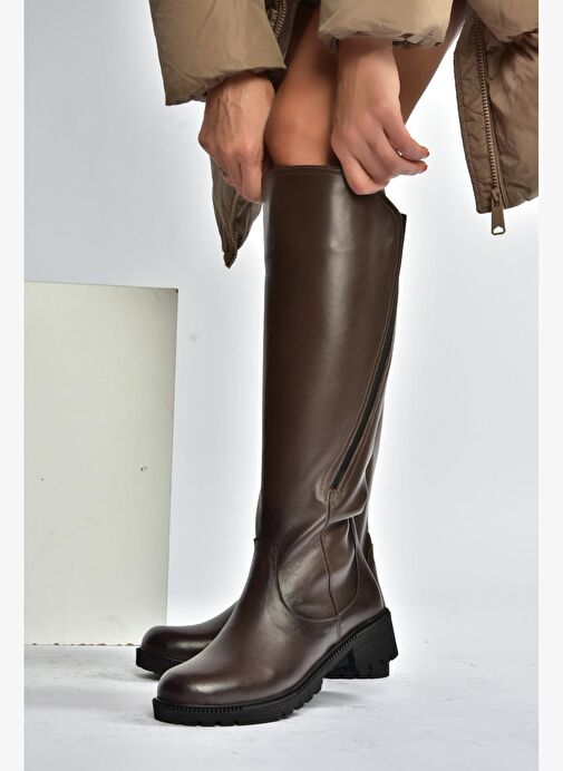 V654082203 Kahverengi Hakiki Deri Kadın Çizme - Görsel 3