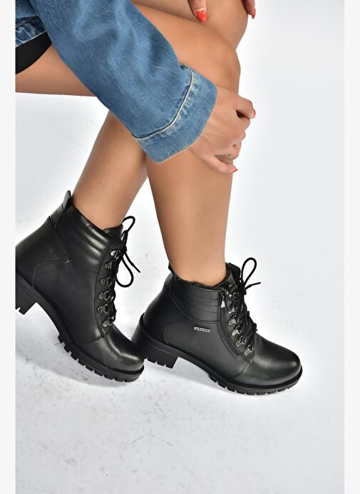 V555085503 Siyah Hakiki Deri Comfort Ortopedik Taban Kadın Bot - Görsel 3