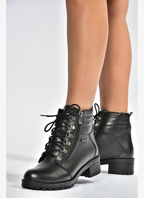 V555085503 Siyah Hakiki Deri Comfort Ortopedik Taban Kadın Bot - Görsel 2