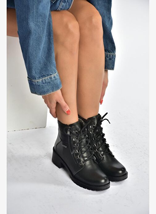 V555085503 Siyah Hakiki Deri Comfort Ortopedik Taban Kadın Bot - Görsel 5