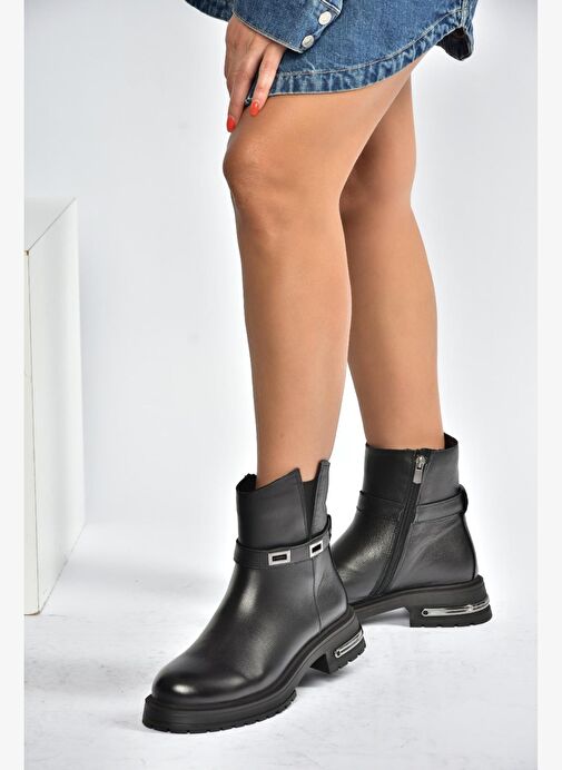 V555575603 Siyah Hakiki Deri Comfort Ortopedik Taban Kadın Bot - Görsel 5