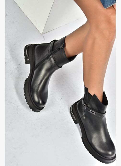 V555575603 Siyah Hakiki Deri Comfort Ortopedik Taban Kadın Bot - Görsel 2