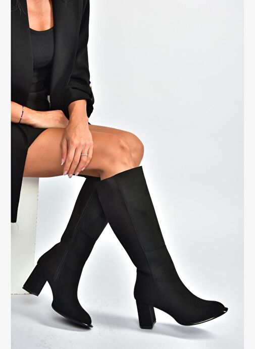 V590179602 Siyah Süet Kalın Topuklu Klasik Kadın Çizme - Görsel 3