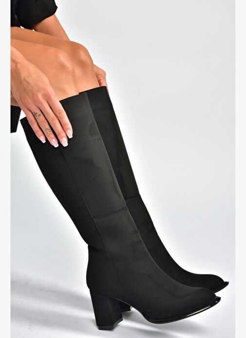 V590179602 Siyah Süet Kalın Topuklu Klasik Kadın Çizme - Görsel 2