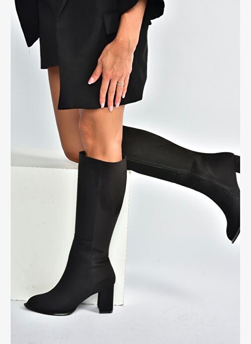 V590179602 Siyah Süet Kalın Topuklu Klasik Kadın Çizme - Görsel 4