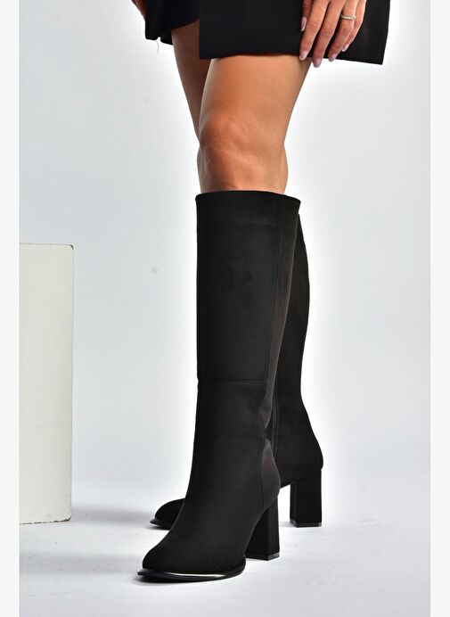 V590179602 Siyah Süet Kalın Topuklu Klasik Kadın Çizme - Görsel 5