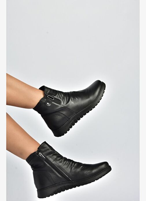 V324501703 Siyah Hakiki Deri Kadın Bot - Görsel 3