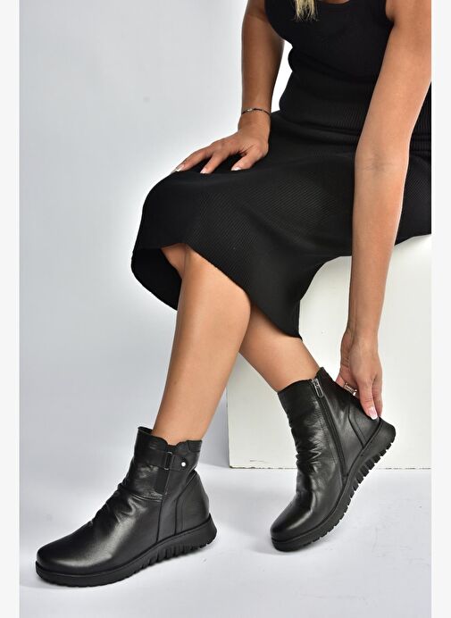 V324501703 Siyah Hakiki Deri Kadın Bot - Görsel 2