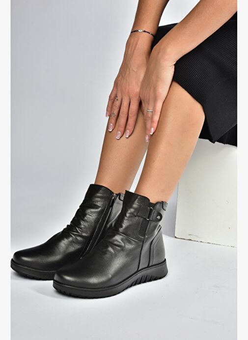 V324501703 Siyah Hakiki Deri Kadın Bot - Görsel 5