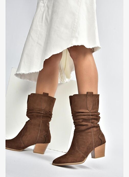 J404040002 Kahverengi Süet Kalın Topuklu Kadın Bot - Görsel 3