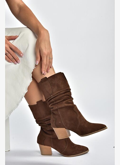 J404040002 Kahverengi Süet Kalın Topuklu Kadın Bot - Görsel 4