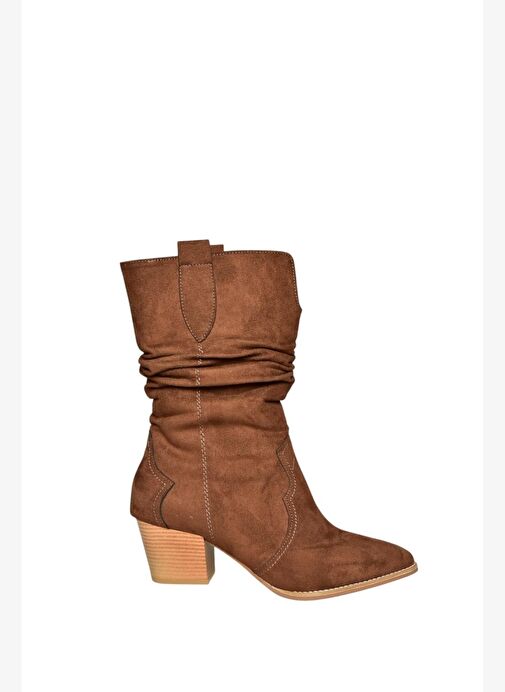 J404040002 Kahverengi Süet Kalın Topuklu Kadın Bot - Görsel 6