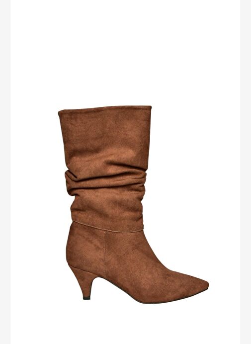 L404810602 Kahverengi Süet Kısa Topuklu Büzgülü Kadın Bot - Görsel 8
