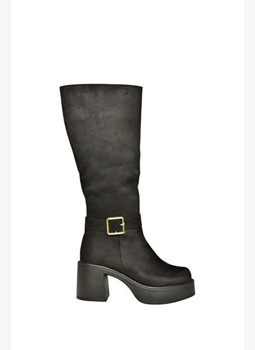 V726454102 Siyah Süet Kalın Topuklu Klasik Kadın Çizme - Görsel 7