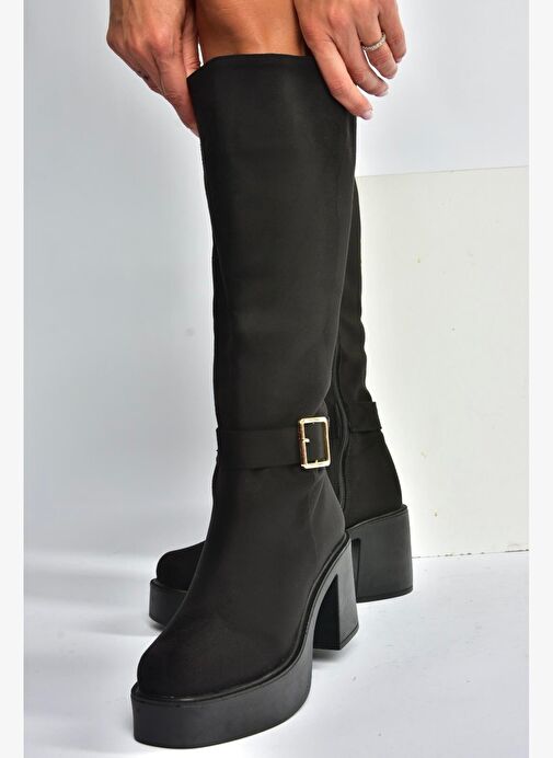 V726454102 Siyah Süet Kalın Topuklu Klasik Kadın Çizme - Görsel 2