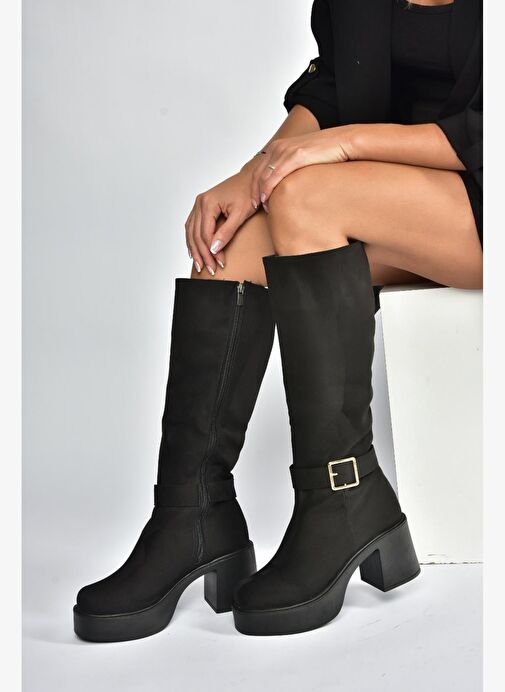 V726454102 Siyah Süet Kalın Topuklu Klasik Kadın Çizme - Görsel 5