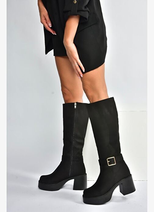 V726454102 Siyah Süet Kalın Topuklu Klasik Kadın Çizme - Görsel 4