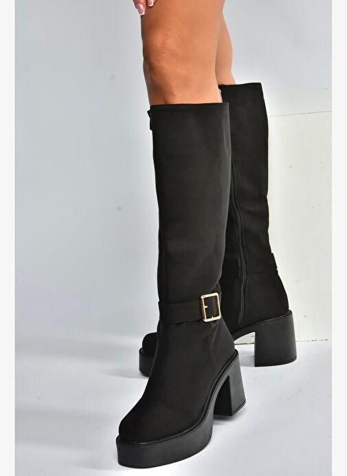 V726454102 Siyah Süet Kalın Topuklu Klasik Kadın Çizme - Görsel 3