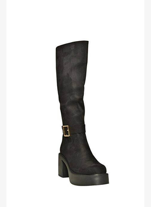 V726454102 Siyah Süet Kalın Topuklu Klasik Kadın Çizme - Görsel 6