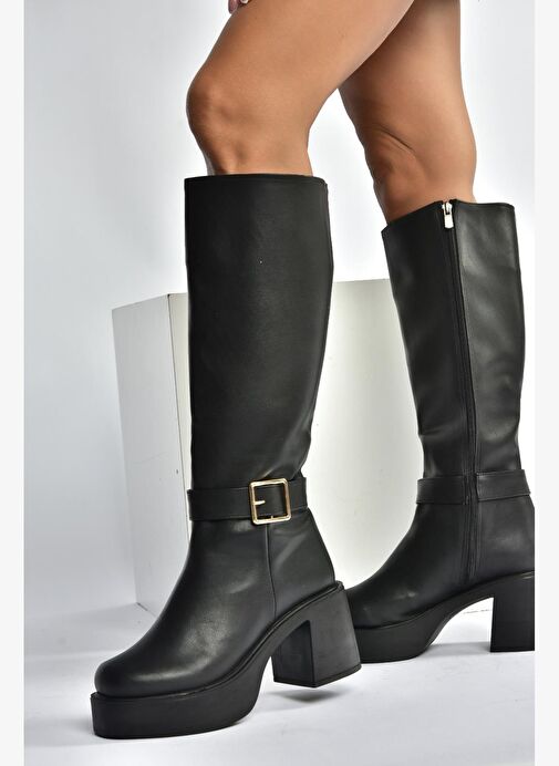 V726454109 Siyah Kalın Topuklu Klasik Kadın Çizme - Görsel 4