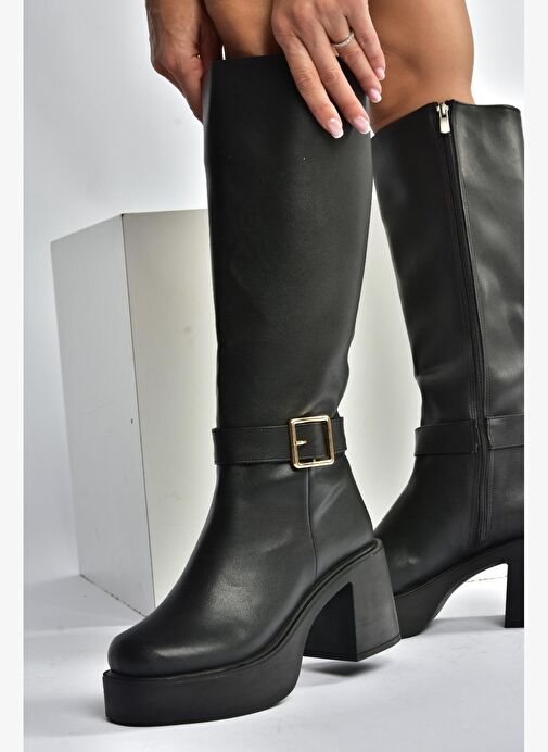 V726454109 Siyah Kalın Topuklu Klasik Kadın Çizme - Görsel 5