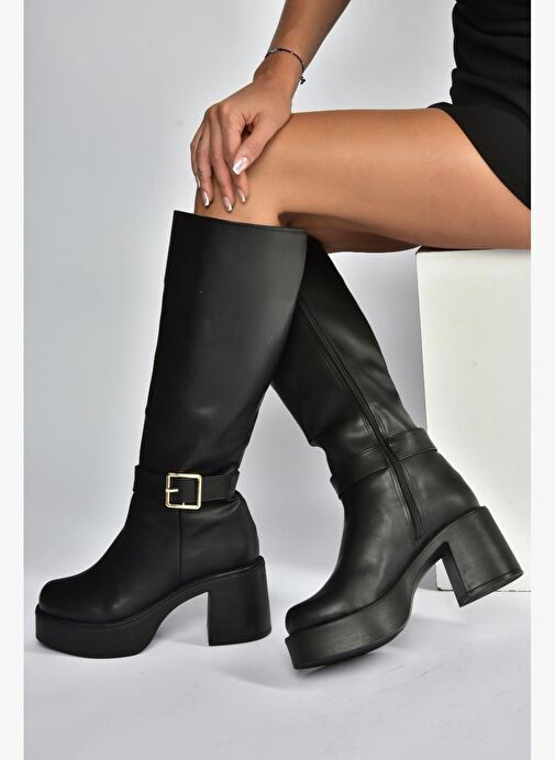 V726454109 Siyah Kalın Topuklu Klasik Kadın Çizme - Görsel 3