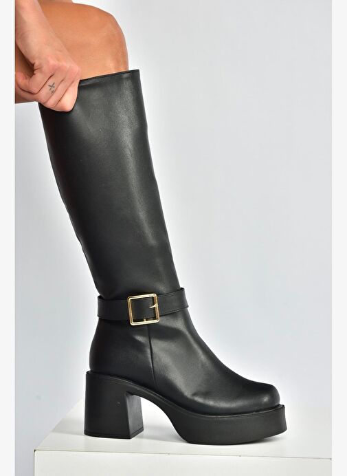 V726454109 Siyah Kalın Topuklu Klasik Kadın Çizme - Görsel 2