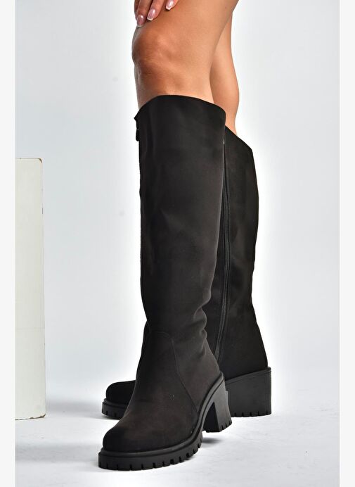 V726800202 Siyah Süet Kalın Topuklu Klasik Kadın Çizme - Görsel 6