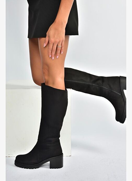 V726800202 Siyah Süet Kalın Topuklu Klasik Kadın Çizme - Görsel 2
